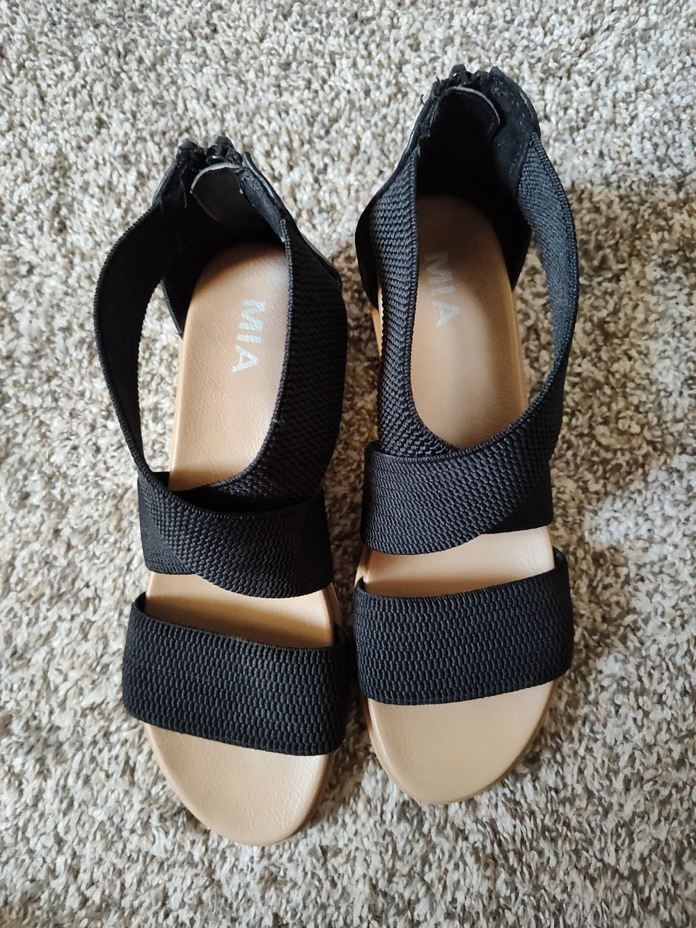 MIA Black Elastic Crisscross Wedge Sandals with Tan Footbed